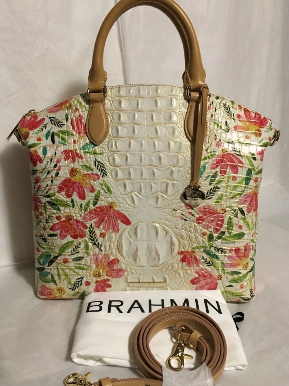 Brahmin Cream Floral Embossed Leather Tote with Tan Handles